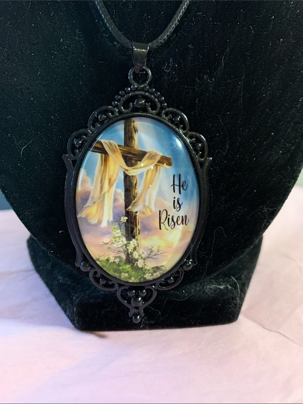 Religious Cross Pendant Necklace - "He is Risen" - Picture 4 of 7